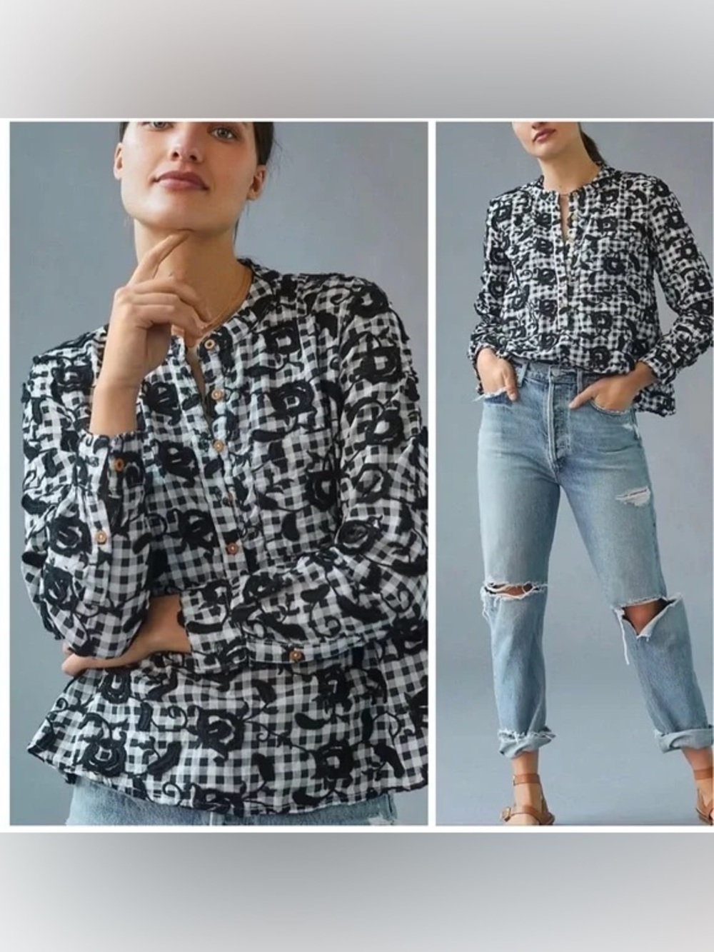 Anthropologie Pilcro Embroidered Gingham Peplum Blouse M Black White Cotton Top - Picture 6 of 8